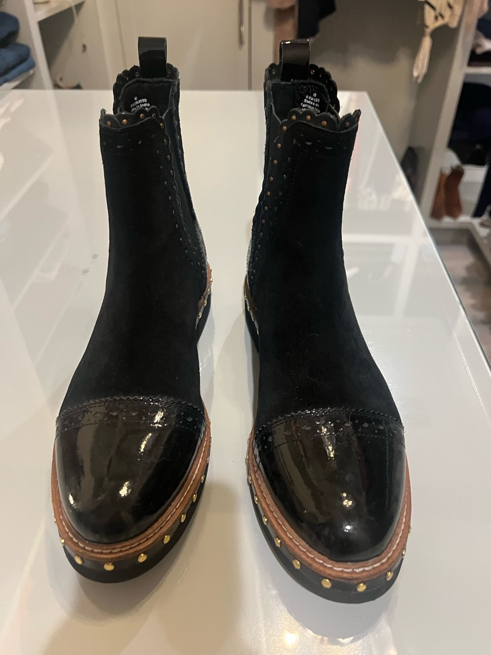Free People Atlas Chelsea Boot
Black Suede & Patent with Stud Trim
Size 40